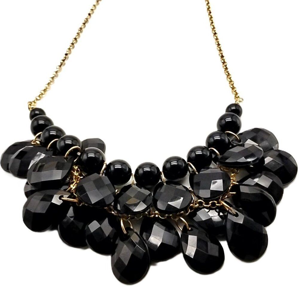 Black Faceted Resin Statement Bib Necklace Gold-tone Chain NWOT